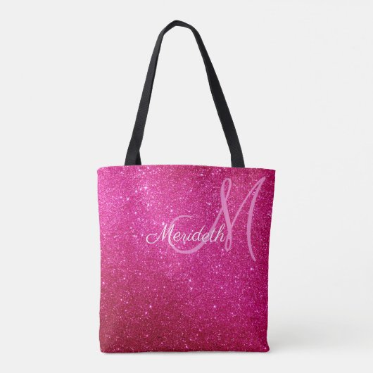 Fuchsia Roze Glitter En Glitters Monogram Tote Bag (Achterkant)