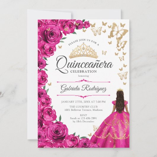 Fuchsia Roze Goud Bloemen Quinceanera Kaart (Voorkant)