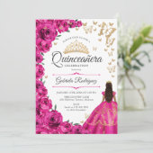Fuchsia Roze Goud Bloemen Quinceanera Kaart (Staand voorkant)