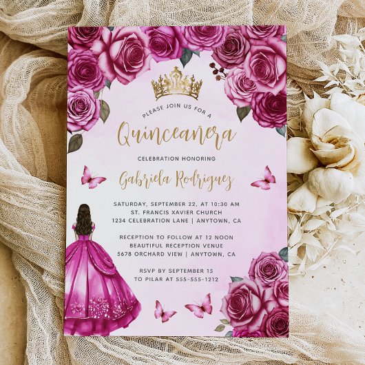 Fuchsia Roze Goud Bloemen Waterverf Quinceañera Kaart