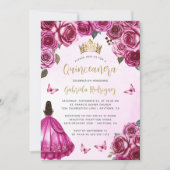 Fuchsia Roze Goud Bloemen Waterverf Quinceañera Kaart (Voorkant)