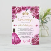 Fuchsia Roze Goud Bloemen Waterverf Quinceañera Kaart (Staand voorkant)