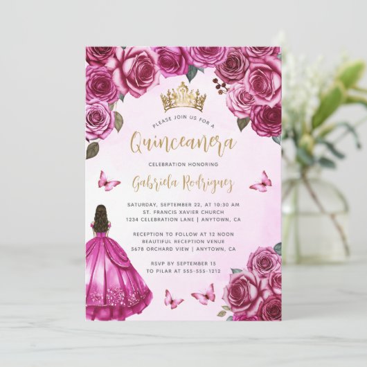 Fuchsia Roze Goud Bloemen Waterverf Quinceañera Kaart (Staand voorkant)