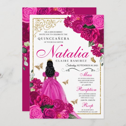 Fuchsia roze goud prinses vlinders quinceañera kaart (Voorkant / Achterkant)