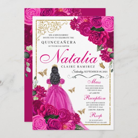 Fuchsia roze goud prinses vlinders quinceañera kaart (Voorkant / Achterkant)
