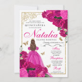 Fuchsia roze goud prinses vlinders quinceañera kaart (Voorkant)