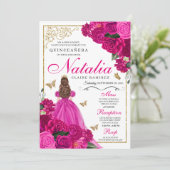 Fuchsia roze goud prinses vlinders quinceañera kaart (Staand voorkant)