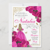 Fuchsia roze goud prinses vlinders quinceañera kaart (Voorkant)