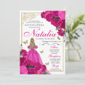 Fuchsia roze goud prinses vlinders quinceañera kaart (Staand voorkant)