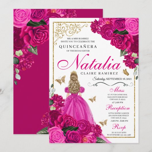 Fuchsia roze goud prinses vlinders quinceañera kaart (Voorkant / Achterkant)