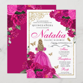 Fuchsia roze goud prinses vlinders quinceañera kaart