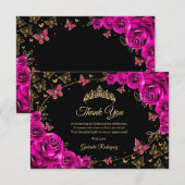 Fuchsia Roze Goud Quinceanera Bedankkaart (Voorkant / Achterkant)
