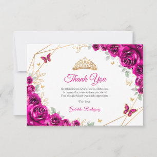 Fuchsia Roze Gouden Bloemige Quinceanera Bedankkaart