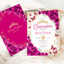 Fuchsia Roze Gouden Bloemige Quinceanera
