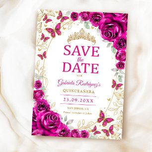 Fuchsia Roze Gouden Bloemstuk Quinceanera Save The Date