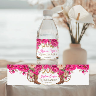 Fuchsia Roze Gouden Cowboylaarzen Quinceañera Waterfles Etiket