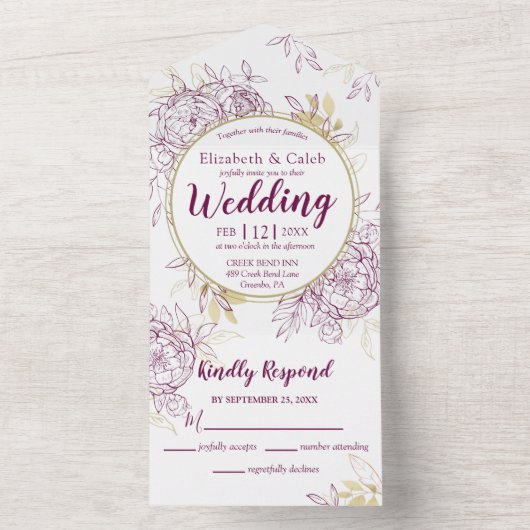 Fuchsia Roze & Gouden Pioen Bloemendessin All In O All In One Uitnodiging (Binnen)