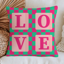 Fuchsia Roze & Groen Geruit Patroon Liefde Kussen