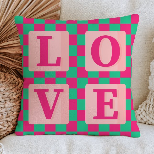Fuchsia Roze & Groen Geruit Patroon Liefde  Kussen (Creator heeft geüpload)