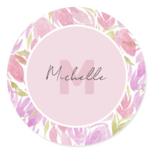 Fuchsia Roze Groene Aquarel Bloemen Monogram