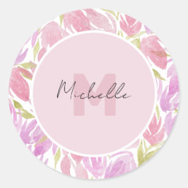 Fuchsia Roze Groene Aquarel Bloemen Monogram Ronde Sticker