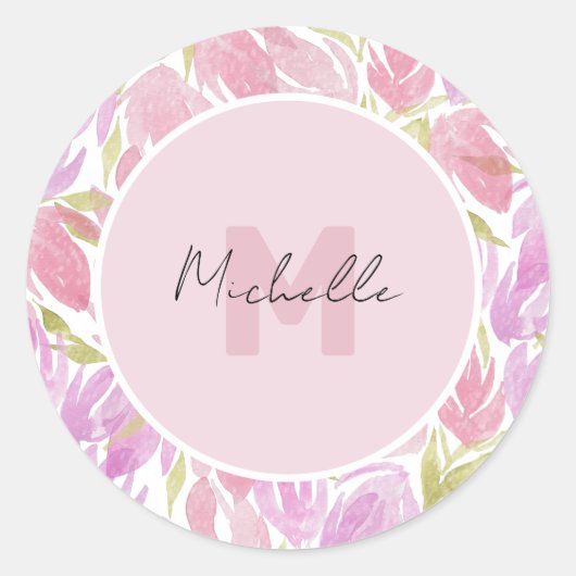 Fuchsia roze groene Waterverf bloemen monogram Ronde Sticker (Voorkant)