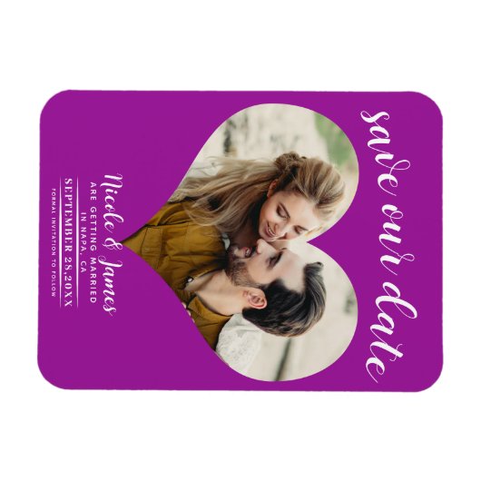 Fuchsia Roze Hart Foto Bruiloft Save the Date Magneet (Horizontaal)