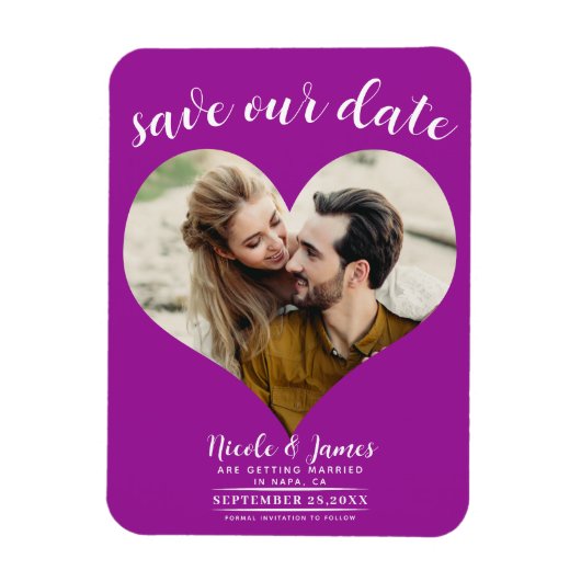 Fuchsia Roze Hart Foto Bruiloft Save the Date Magneet (Verticaal)