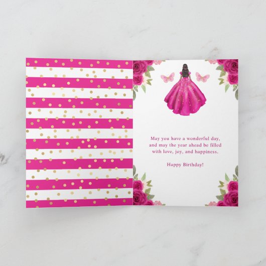 Fuchsia roze jurk donkere huid prinses verjaardag kaart (Binnen)