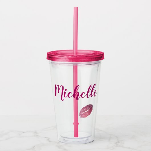 Fuchsia roze lippen acryl drinkbeker (Voorkant)