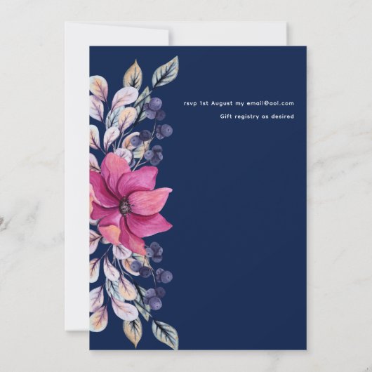 Fuchsia Roze Marine Blauw Bloemen Bruiloft Kaart (Achterkant)
