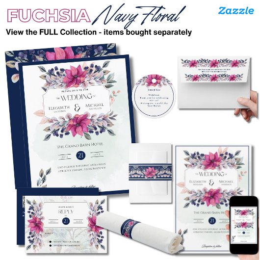 Fuchsia Roze Marine Blauw Bloemen Bruiloft Kaart