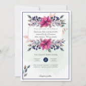 Fuchsia Roze Marine Blauw Bloemen Chique Bruiloft Kaart (Voorkant)
