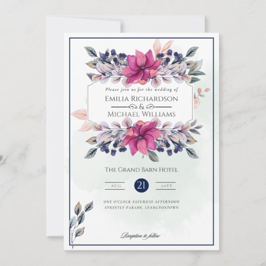 Fuchsia Roze Marine Blauw Bloemen Chique Bruiloft Kaart (Voorkant)