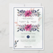 Fuchsia Roze Marine Blauw Bloemen Chique Bruiloft Kaart (Voorkant)