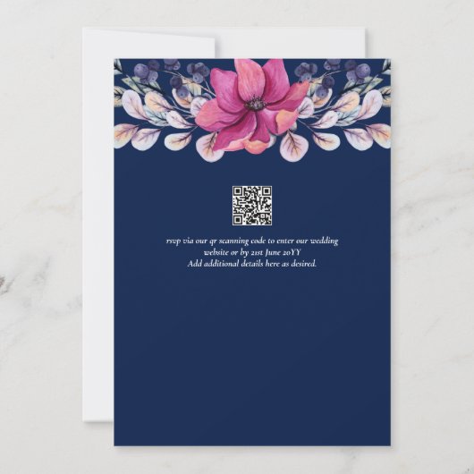 Fuchsia Roze Marine Blauw Bloemen Chique Bruiloft Kaart (Achterkant)