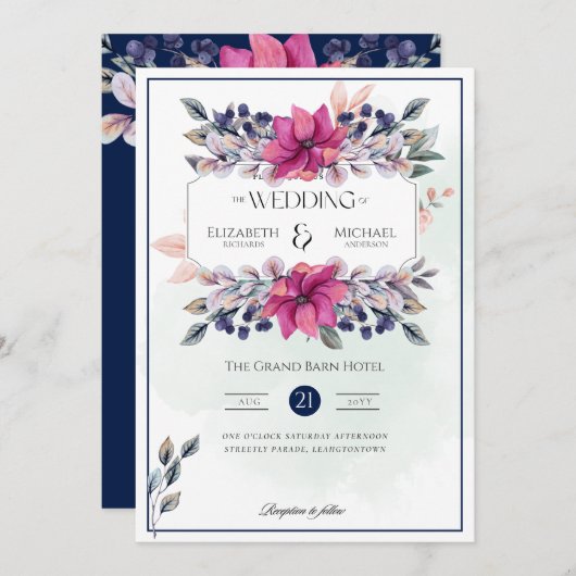 Fuchsia Roze Marine Blauw Bloemen Chique Bruiloft Kaart (Voorkant / Achterkant)