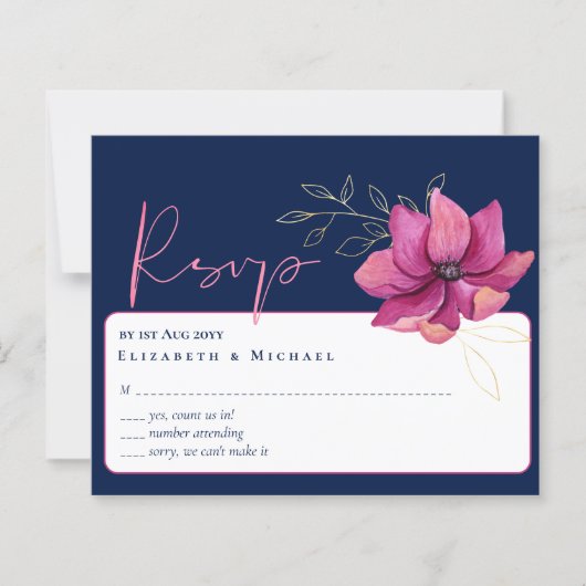 Fuchsia Roze Marine Blauw Bruiloft RSVP (Voorkant)