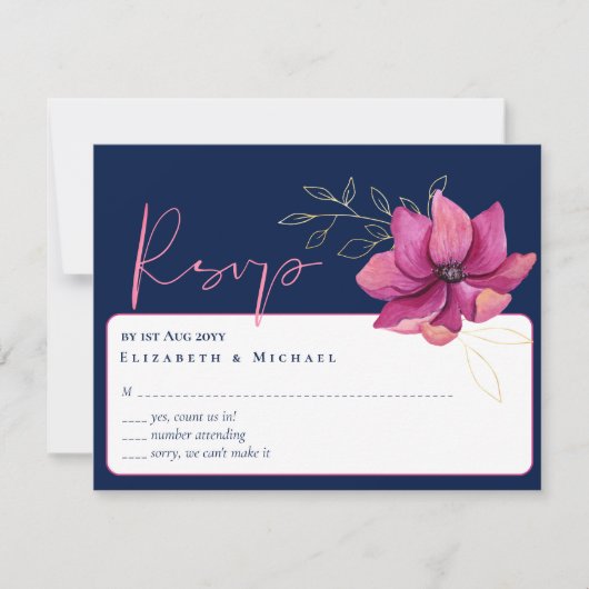 Fuchsia Roze Marine Blauw Bruiloft RSVP Kaart (Voorkant)