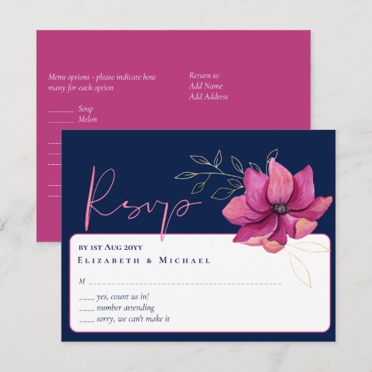 Fuchsia Roze Marine Blauw Bruiloft RSVP Kaart (Voorkant / Achterkant)