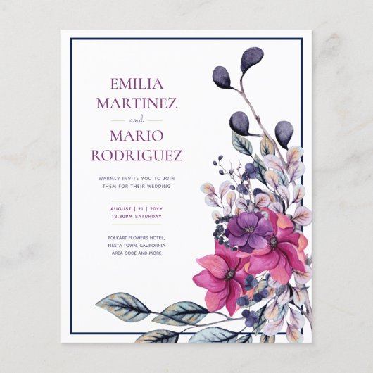 Fuchsia Roze Marineblauw Bloemen Bruiloft (Voorkant)