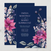 Fuchsia Roze Marineblauw Bloemige Trouw Kaart (Voorkant / Achterkant)