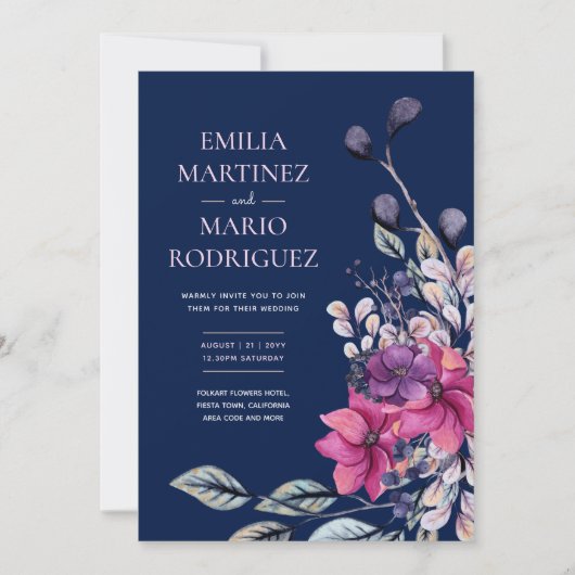 Fuchsia Roze Marineblauw Bloemige Trouwbudget Kaart (Voorkant)