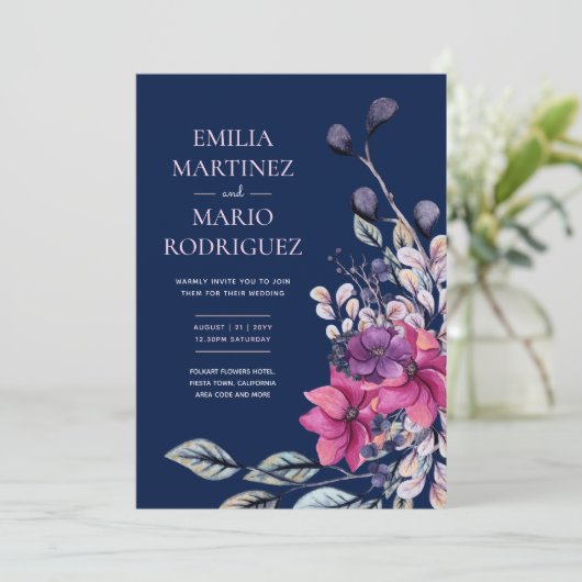 Fuchsia Roze Marineblauw Bloemige Trouwbudget Kaart (Staand voorkant)