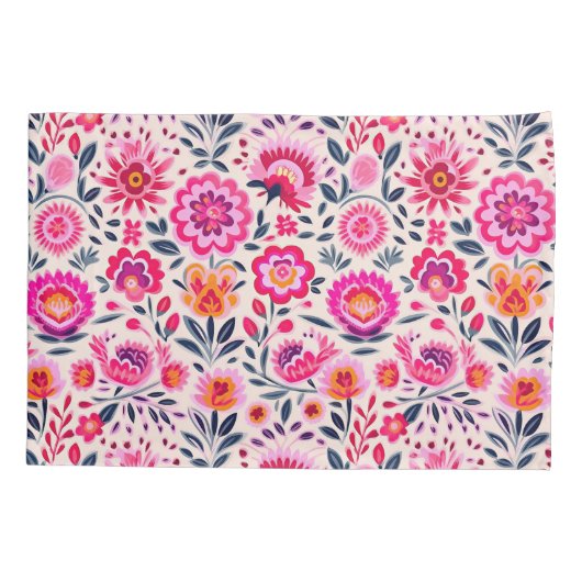 Fuchsia Roze Mexicaanse Bloemen Patroon Bloemen Kussensloop (Achterkant)