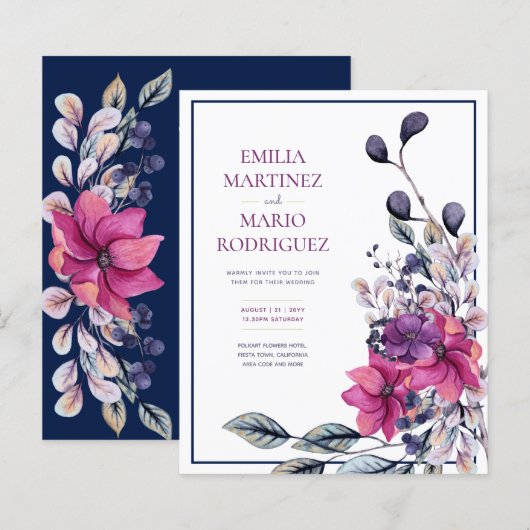 Fuchsia Roze Navy Blauwe Bloemige Bruiloft (Voorkant / Achterkant)