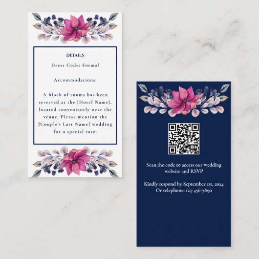 Fuchsia Roze Navy Details Bijlage QR Code RSVP (Voorkant / Achterkant)