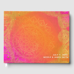 Fuchsia Roze Oranje Goud Indiase Mandala Bruiloft Gastenboek