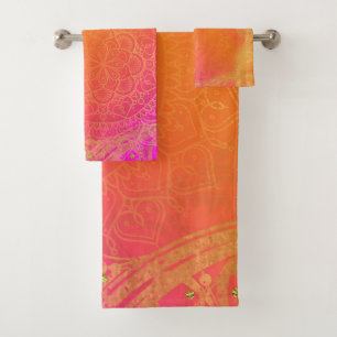 Fuchsia Roze Oranje & Goud Indiase Mandala Glam Bad Handdoek