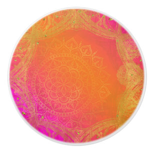 Fuchsia Roze Oranje & Goud Indiase Mandala Glam Keramische Knop